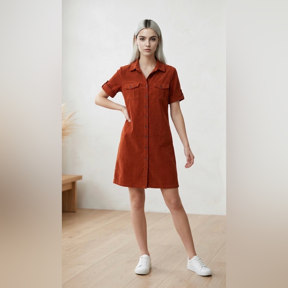 Sharagano Orange Button-Front Midi Dress - Picture 2 of 5